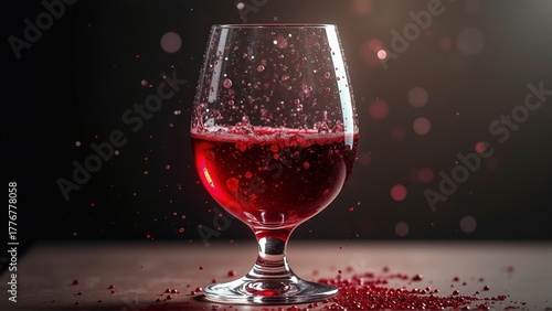 A glass of red wine with bubbles in it