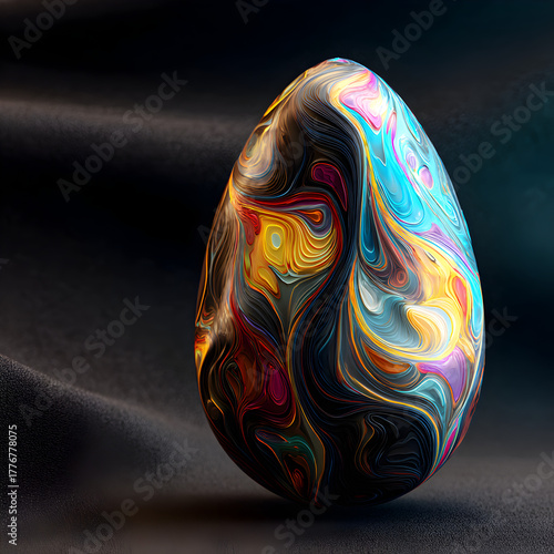 Abstract iridescent egg with swirling vibrant colors and metallic sheen on a dark moody background