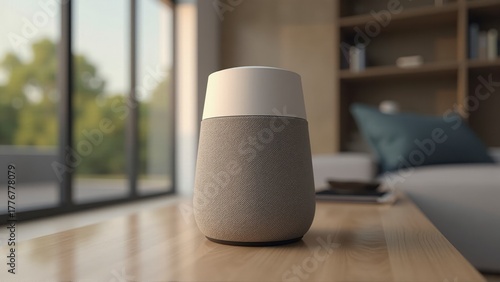 A smart speaker sitting on top of a wooden table