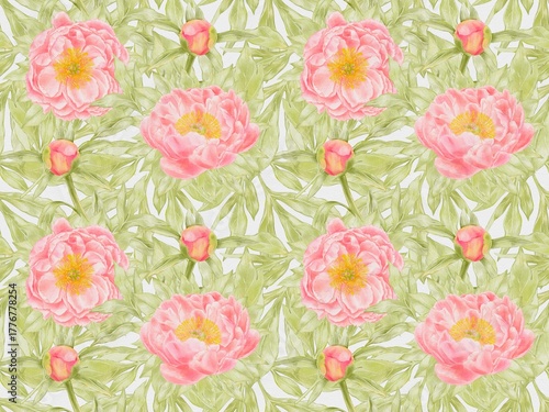 Coral Peonies Seamless Pattern – Watercolor Floral Design on White Background