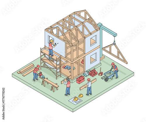 Isometric illustration of workers building wooden house frame
