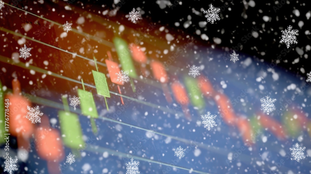 Obraz premium Winter stock market concept with falling snow and glowing chart