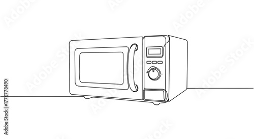 Continuous line vector of a microwave oven. Kitchen appliance, fast and convenient heating and cooking food. Everyday use device