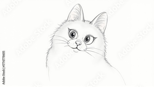 A drawing of a white cat with big eyes