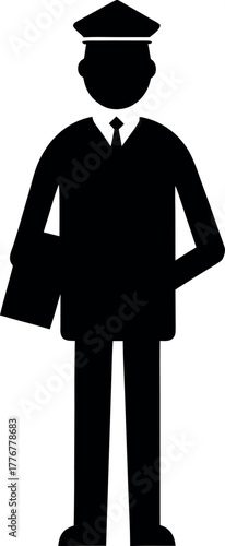 Black Silhouette of Mailman Holding Parcel in Uniform with Cap