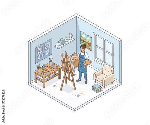 Isometric illustration of artist painting in art studio