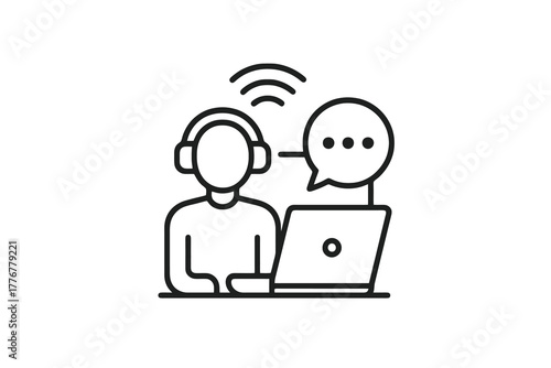 Black and white thin line vector icon of a student with headphones in front of a laptop, representing virtual classes, online study, and live e-learning communication.