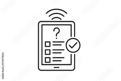 Minimal linear icon showing tablet with question mark and checkmark, symbolizing distance learning, assessment tools, and digital quiz systems.
