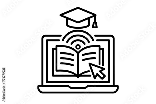 Minimal linear icon showing a screen with a book and graduation cap, symbolizing e-learning, online academy, and modern education technology visuals.