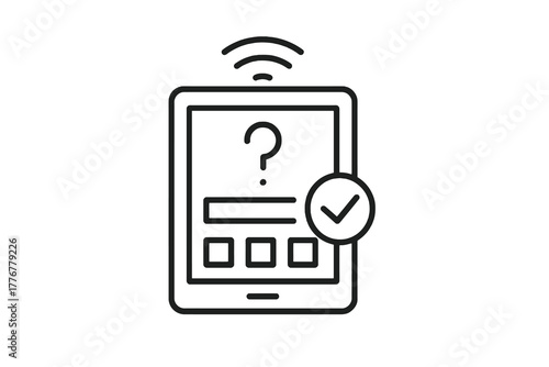Black and white thin line vector icon of a tablet showing quiz questions and Wi-Fi symbol, representing e-learning, online exams, and interactive education platforms.