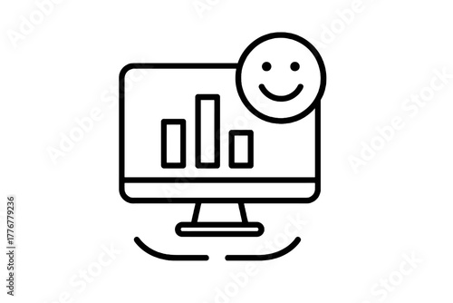 Minimal linear icon showing a display with bars and smile symbol, perfect for dashboards, analytics, and performance surveys in business and UX design.