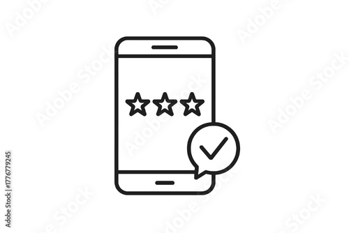 Minimalist linear icon showing mobile feedback interface with stars and checkmark, symbolizing user opinion, rating, and customer experience surveys.