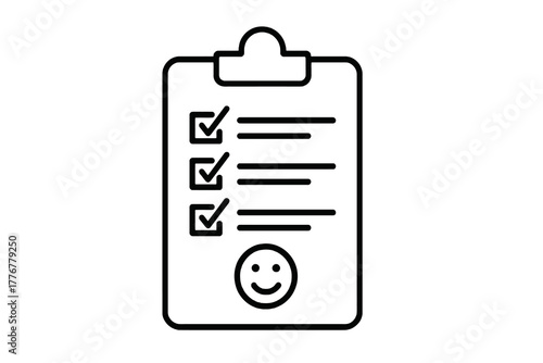 Minimal linear icon showing survey checklist with evaluation symbols, perfect for questionnaires, customer feedback, and opinion measurement design.