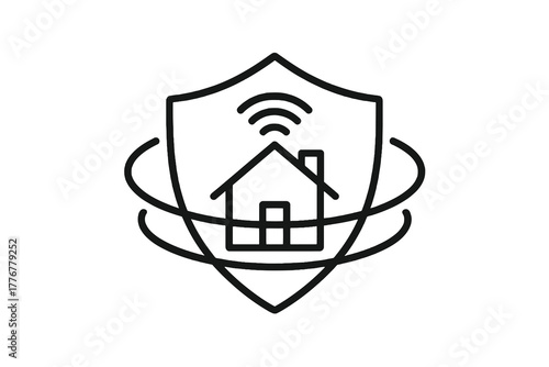 Black and white thin line vector icon of a house inside a shield with Wi-Fi signal, representing smart home security, safety, and digital network protection.