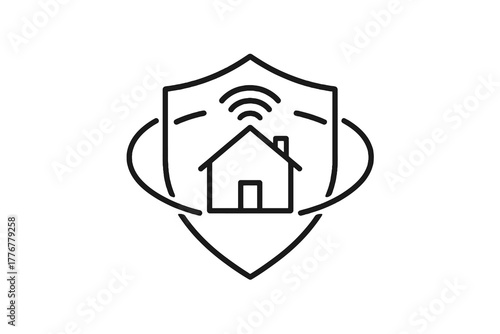 Minimal linear icon showing shield and home with wireless signal, symbolizing connected safety, digital defense, and smart home monitoring systems.