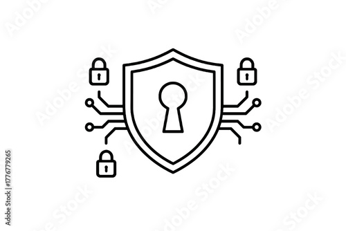 Black and white thin line vector icon of a shield with keyhole and circuit lines, representing cybersecurity, encryption, and digital data protection.