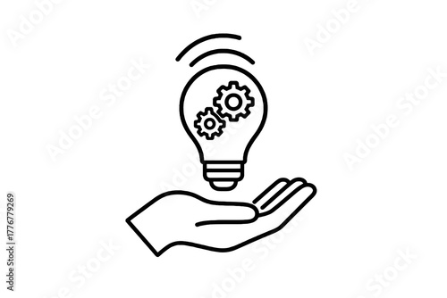 Minimal linear icon showing a hand lifting a gear-filled bulb, symbolizing imagination turned into invention, creativity in action, and practical innovation.