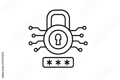 Black and white thin line vector icon of a padlock with circuit lines and password symbols, representing cybersecurity, data protection, and safe access systems.
