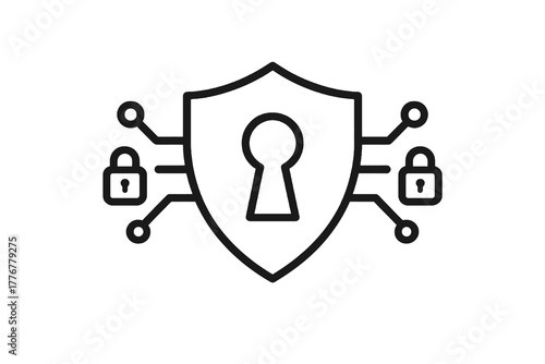 Minimalist linear icon showing shield and locks with digital circuit details, symbolizing security, privacy, and information safety for business and tech visuals.