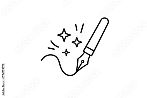 Black and white thin line vector icon of a fountain pen drawing a line that turns into stars, representing artistic inspiration, imagination, and creativity in motion.