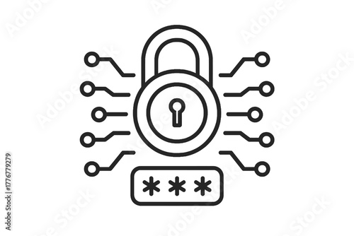 Minimal linear icon showing a digital lock and password field, symbolizing secure login, encryption, and modern data privacy for business and tech visuals.