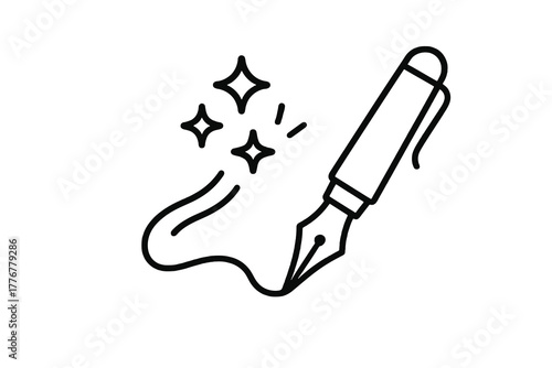 Minimal linear icon showing a pen creating a magical trail of stars, symbolizing artistic flow, creative expression, and inspired design work.