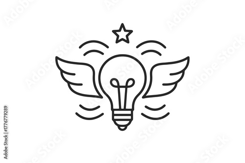 Black and white thin line vector icon of a light bulb with wings and a star above, representing creative freedom, imagination, and innovation for artistic or business visuals.