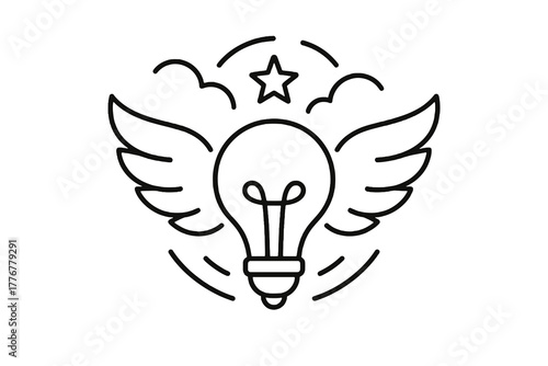 Minimalist linear icon showing a flying bulb with wings, symbolizing inspiration, creative energy, and the expansion of ideas in art and innovation projects.