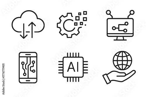 Set of six black and white editable line icons illustrating digitalization, automation, and cloud computing, ideal for digital services, innovation, and IT transformation visuals.
