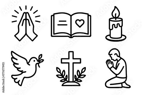 Set of six black and white cartoon vector icons showing symbols of faith and gratitude including praying hands, dove, cross, and candle, perfect for Thanksgiving reflections and spiritual design proje