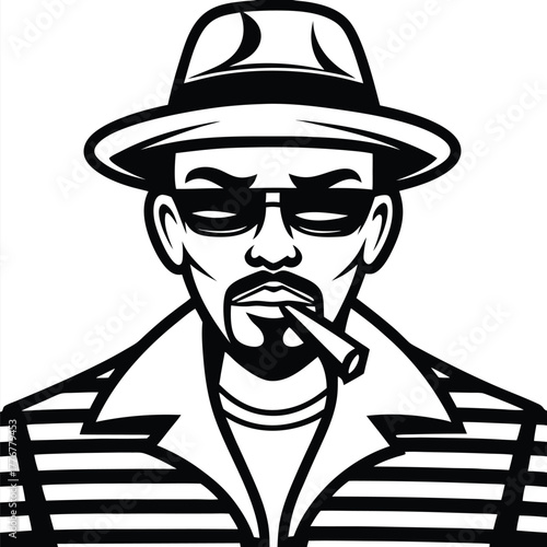 Monochrome portrait reveals a confident man wearing sunglasses and a hat while smoking