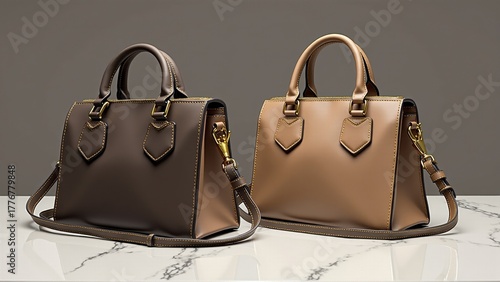 A pair of brown and beige handbags sitting on top of a table