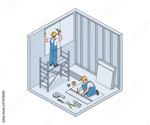 Isometric illustration of drywall installation by construction workers