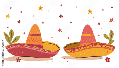 Mexican birthday mariachi hats on a transparent background with flowers and stars