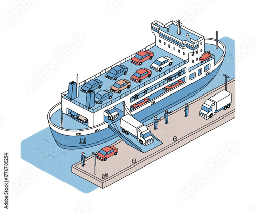 Isometric illustration of ferry ship transporting cars