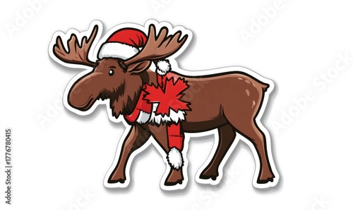 Cartoon moose wearing a santa hat and a scarf with a red maple leaf design
