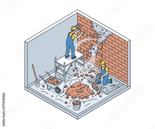 Isometric illustration of builders demolishing brick wall