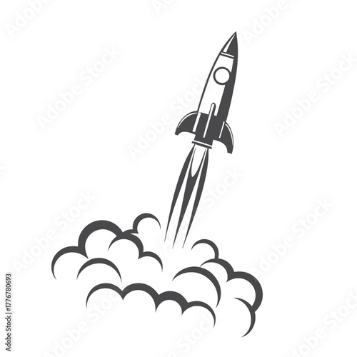 Rocket Launch with Smoke Trail Isolated on White Background Style