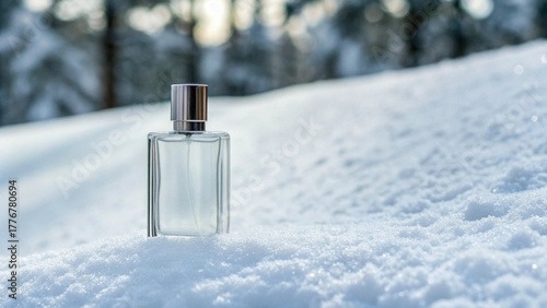 Transparent glass perfume bottle standing on white snow with blurred winter forest background