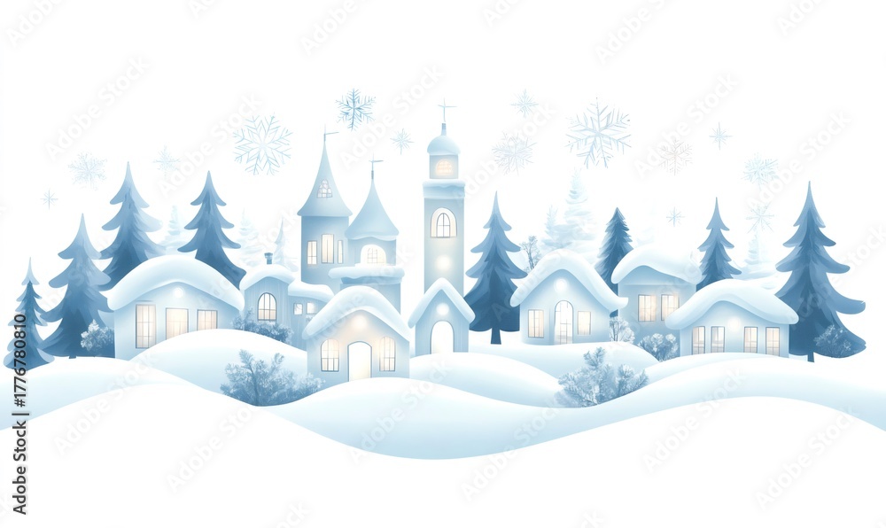 Fototapeta premium Winter village scene with houses and trees covered in snow, featuring falling snowflakes