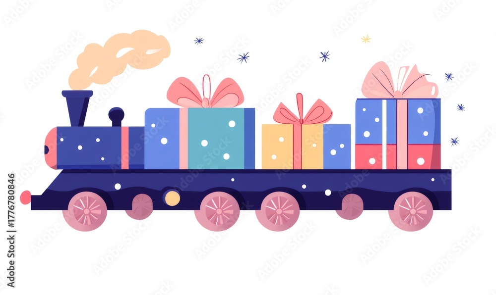 Obraz premium Blue toy train carrying colorful wrapped present boxes under falling snow