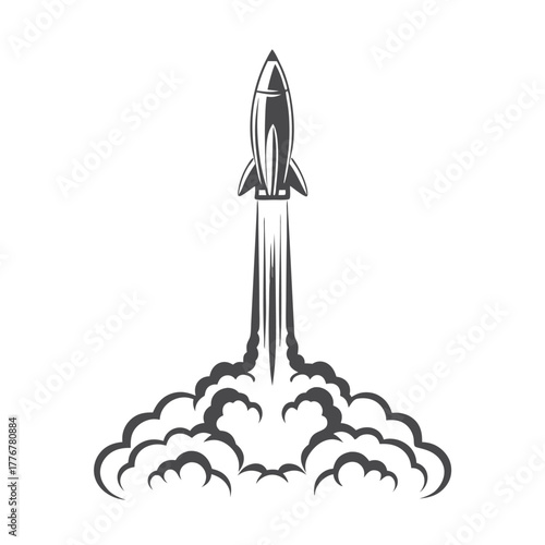 Rocket Launch with Smoke Trail on White Background Outline