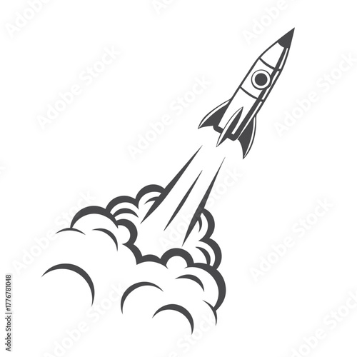 Rocket Launch with Smoke Trail on White Background Isolated