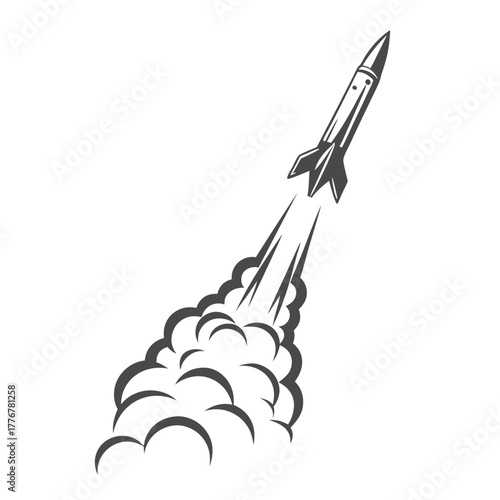 Rocket Launching Upward with Smoke Trails on White Background Stock