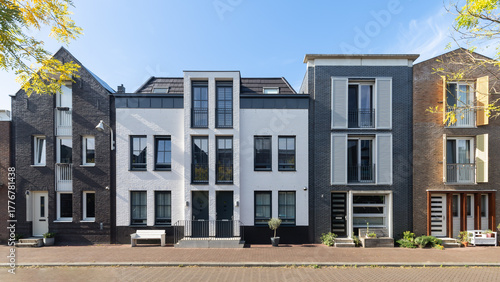 Modern terraced houses with different facades in the new Vathorst district in Amersfoort.