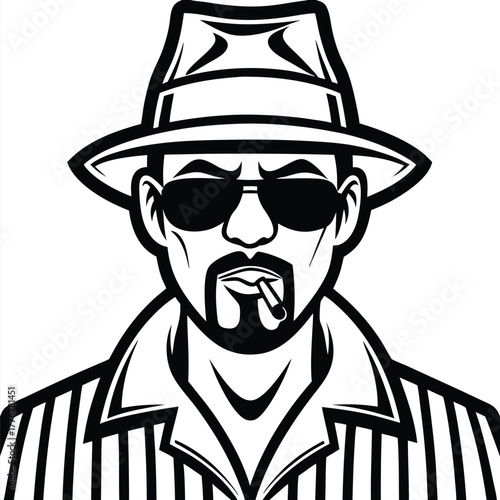 Serious Latino gangster with a cigarette, wearing a hat and striped shirt stands firm