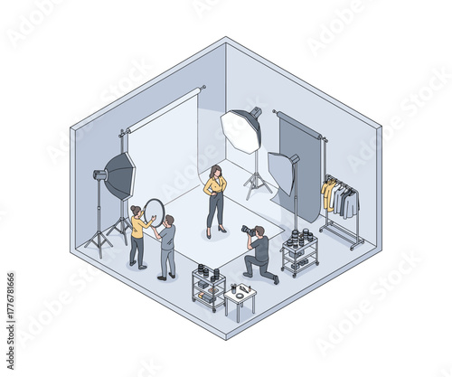 Isometric illustration of photography studio with photographer and model