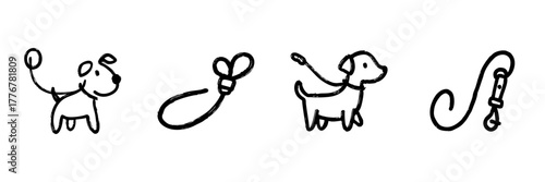 Dog And Leash Line Icon Set In Doodle Style. Pet Walking, Canine Care, And Outdoor Activity Outline Sketch Collection. Hand Drawn Isolated Vector Illustration