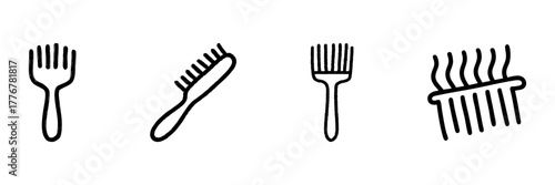 Hair Comb And Brush Line Icon Set In Doodle Style. Hair Care, Styling, And Grooming Tools Outline Sketch Collection. Beauty And Personal Care Essentials. Hand Drawn Isolated Vector Illustration