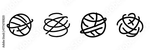 Abstract Yarn Ball Line Icon Set In Doodle Style. Creativity, Crafting, And Textile Art Outline Sketch Collection. Hand Drawn Isolated Vector Illustration